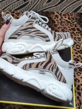 Buffalo London Colby Beige and Black Zebra Print Chunky Sneakers